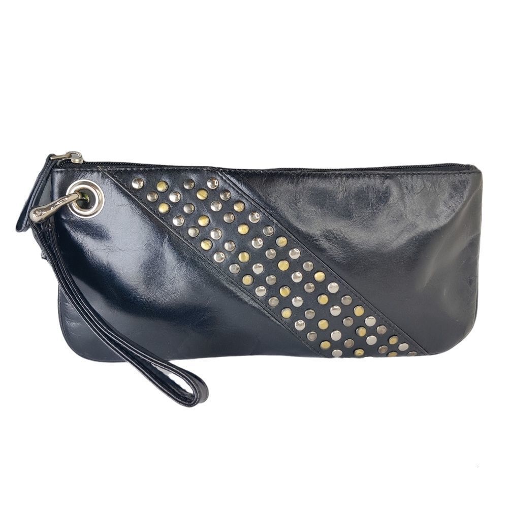 Sophia visconti Clutch Wristlet Studded Black Leather  Lime Green Lined Handbag